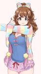  1girl absurdres bangs blue_shirt bow breasts brown_eyes brown_hair cleavage cowboy_shot frilled_skirt frills hair_bow highres idolmaster idolmaster_cinderella_girls jacket long_hair long_sleeves looking_at_viewer medium_breasts moroboshi_kirari multicolored multicolored_bow multicolored_clothes multicolored_jacket open_clothes open_jacket pengwin pink_bow pink_skirt shirt simple_background skirt smile solo striped striped_bow striped_jacket white_background 