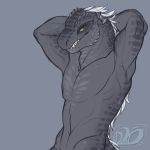  1:1 2019 4_fingers anthro arms_above_head baring_teeth bedroom_eyes blue_background claws dinosaur elaismurnhem feathers flexing front_view green_eyes grey_scales half-closed_eyes half-length_portrait hands_behind_head hi_res idoodle2draw inviting male manly markings muscular muscular_male nude pecs portrait pose reptile scales scalie seductive sharp_teeth signature simple_background smile smirk solo standing tasteful_nudity teasing teeth white_feathers 