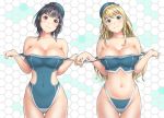  1girl aqua_bikini aqua_swimsuit areola_slip areolae atago_(kantai_collection) beret bikini black_hair blonde_hair blue_headwear breasts cleavage collarbone commentary_request competition_swimsuit covered_navel cowboy_shot curvy green_eyes hat head_tilt highres honeycomb_(pattern) honeycomb_background kantai_collection large_breasts long_hair navel one-piece_swimsuit red_eyes short_hair smile solo swimsuit swimsuit_pull takao_(kantai_collection) tuubou white_background 