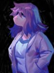  2018 absurd_res aruurara black_background clothed clothing deltarune female frown hair hair_over_eyes half-length_portrait hands_in_pockets hi_res pockets portrait purple_clothing purple_hair purple_scales purple_topwear reptile scales scalie shirt simple_background sketch solo susie_(deltarune) tomboy topwear video_games white_clothing white_shirt white_topwear 