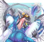  5_fingers anthro cum cum_on_face digital_media_(artwork) dragon duo erection feathered_dragon feathers hair hi_res horn iceblizzard male male/male open_mouth penis solo_focus teeth tongue white_hair 