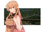  1girl absurdres alternate_costume bag belt blonde_hair bridge brown_dress casual commentary_request cowboy_shot dress green_eyes highres kantai_collection light_smile looking_at_viewer okayu_(papiko1111) photo_background pink_bag prinz_eugen_(kantai_collection) railing shoulder_bag sleeveless solo twintails upper_body 
