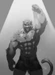 2019 5_fingers abs anthro biceps big_muscles blood bottomwear chest_tuft clothed clothing digital_media_(artwork) felid fur hi_res male mammal monochrome muscular muscular_male nipples pantherine pecs ray_(takemoto_arashi) scar shorts simple_background smile solo takemoto_arashi teeth topless tuft wounded 