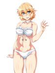  1girl bandeau bangs bare_arms bare_shoulders bikini blonde_hair blush breasts choker commentary_request cowboy_shot eyebrows_visible_through_hair frilled_bikini frills gluteal_fold green_eyes hair_between_eyes halterneck hand_up looking_at_viewer medium_breasts mizuhashi_parsee navel ootsuki_wataru open_mouth pointy_ears shiny shiny_skin simple_background smile solo standing stomach sweat swimsuit thighs touhou white_background white_bikini white_choker 
