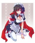  1girl alternate_costume apron black_dress black_hair breasts cape cleavage dress enmaided frilled_apron frills full_body garters gradient_hair highres iesupa kneeling looking_at_viewer maid maid_apron maid_headdress mary_janes medium_breasts multicolored_hair puffy_short_sleeves puffy_sleeves red_cape red_hair ruby_rose rwby shoes short_hair short_sleeves silver_eyes smile solo thighhighs two-tone_hair waist_apron white_apron white_legwear wrist_cuffs 