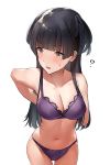  1girl ? arms_behind_back bangs black_hair blunt_bangs bra breasts brown_eyes cowboy_shot eyebrows_visible_through_hair highres idolmaster idolmaster_shiny_colors long_hair mayuzumi_fuyuko medium_breasts navel nnoelllll panties purple_bra purple_panties simple_background solo sweatdrop two_side_up underwear underwear_only white_background 