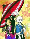  1boy 1girl animal_ears blush bow cat_ears flower flower_background hair_bow high_ponytail highres japanese_clothes kataginu miyamoto_usagi rabbit_ears smile tagme tomoe_ame umbrella usagi_yojimbo 