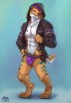  2019 abs anthro barefoot biped black_clothing black_nose black_topwear blue_background bottomless brown_fur brown_tail bulge clothed clothing digital_media_(artwork) digitigrade fangs felid front_view full-length_portrait fur green_fur green_stripes green_tail hair hoodie jockstrap machairodontine male mammal multicolored_fur multicolored_tail muscular muscular_male pecs portrait purple_clothing purple_eyes purple_hair purple_underwear sabertooth_(anatomy) simple_background solo standing striped_fur stripes terrance_(saberterranced) topwear underwear white_fur white_tail zephyxus 