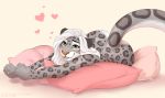  &lt;3 anthro eyelashes fangs felid female green_eyes hair lying mammal natasha_(phyerphox) nude on_front pantherine pillow pink_nose rosettes smile smileeeeeee snow_leopard solo white_hair wide_hips 