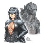  1girl abs arm_at_side armor bangs breasts closed_mouth collared_jacket commentary_request dated eyebrows_visible_through_hair gloves godzilla godzilla_(2014) godzilla_(series) grey_hair hair_between_eyes hair_ornament hairband hand_on_hip high_collar jacket kaijuu kemono_friends lips long_sleeves looking_at_viewer medium_breasts medium_hair monster no_bra open_clothes open_jacket orange_eyes original partially_unzipped personification shoulder_armor sidelocks simple_background solo stomach taikyokuturugi tail toned twitter_username upper_body v-shaped_eyebrows white_background zipper zipper_pull_tab 