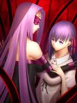  2girls bangs blindfold breasts collar dress elbow_gloves facial_mark fate/stay_night fate_(series) forehead_mark gloves hair_ribbon highres impossible_clothes large_breasts long_hair looking_at_viewer matou_sakura minami_koyogi multiple_girls purple_eyes purple_hair red_ribbon ribbon rider strapless strapless_dress upper_body very_long_hair 