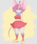  breasts clothing dress female footwear fur grey_fur hair hi_res mammal mouse murid murine pink_hair red_eyes rodent shoes solo thick_thighs vammzu 