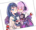  2girls bangs black_hair blue_eyes blush bow bowtie cardigan cliffjumper eyebrows_visible_through_hair glasses hand_puppet headphones heart jacket lavender_hair long_hair long_sleeves looking_at_viewer megatron megatron_(sg) multiple_girls off_shoulder optimus_prime optimus_prime_(sg) puppet purple_jacket purple_neckwear red_eyes shinjou_akane shirt short_hair sleeves_past_wrists smile ssss.gridman takarada_rikka transformers transformers_shattered_glass white_jacket white_shirt 