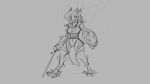  16:9 2018 anthro big_breasts breasts clothing digitigrade dragon female grey_background hair horn melee_weapon monochrome navel open_mouth pussy shield simple_background solo standing surprise sword torn_clothing transformation watsup weapon 