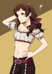  1girl belt bow brown_background brown_eyes brown_hair brown_pants collarbone cowboy_shot detached_sleeves grey_sleeves hair_bow hair_over_shoulder hand_in_hair hand_on_hip idolmaster idolmaster_million_live! kitazawa_shiho long_hair midriff navel pants red_bow short_sleeves solo standing stomach strapless sweatdrop touon 