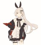  1girl animal_ears armband bangs bare_shoulders black_jacket black_skirt blouse bow bowtie breasts brown_eyes bunny_ears cowboy_shot crescent crescent_earrings earrings fake_animal_ears five-seven_(girls_frontline) girls_frontline hair_between_eyes hair_ornament hand_on_thigh hands_on_hips high_ponytail highres jacket jewelry long_hair off_shoulder open_clothes open_jacket pleated_skirt ponytail sidelocks silver_hair skirt smile solo standing tarouoga white_blouse 