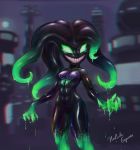  2019 5_fingers alternate_species black_body black_hair city crossover detailed_background female gloves_(marking) glowing glowing_eyes green_eyes green_hair green_markings hair humanoid long_hair marina_(splatoon) markings marvel monster multicolored_hair napalm_express nintendo not_furry portrait sharp_teeth signature slime smile solo splatoon standing symbiote teeth tentacle_hair tentacles three-quarter_portrait two_tone_hair venom_(marvel) video_games 