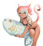  1girl animal_ears bangs bikini black_bikini body_pillow cat_ears cat_tail choker dark_skin eyebrows_visible_through_hair facepaint final_fantasy final_fantasy_xiv fish_pillow frischenq heterochromia looking_at_viewer miqo&#039;te multicolored_hair navel object_hug open_clothes open_mouth open_shirt pink_hair short_twintails slit_pupils solo swimsuit tail twintails two-tone_hair white_background 