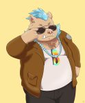  2019 absurd_res akaji_(artist) anthro belly clothing eyewear gouryou hi_res humanoid_hands male mammal overweight overweight_male pants shirt simple_background solo suid suina sunglasses sus_(pig) tokyo_afterschool_summoners topwear video_games wild_boar 