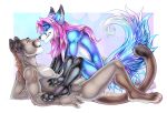  2019 4_toes 5_fingers anthro blue_fur blue_nose brown_fur canid canine cougar cowgirl_position digital_media_(artwork) eye_contact felid feline fox fur girly hair hi_res iceblizzard kerus looking_at_another male mammal nyaaa_foxx on_top orange_eyes pink_hair sex smile toes 