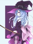  1girl absurdres back_bow bow crescent_moon eyebrows_visible_through_hair eyes_visible_through_hair from_behind hat hat_belt highres holding jipponwazaari light_blue_hair long_hair long_sleeves looking_back moon original pink_bow purple_eyes solo witch witch_hat 