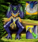 69_position absurd_res animal_genitalia avali avian barbed_penis brachydios brute_wyvern capcom claws cloaca cloacal cloacalingus detailed_background feathers feet forest hi_res kaali knot log moisteaglevent monster_hunter oral outside paws penis pseudo_clothing scales sex size_difference tree upside_down video_games wings wood 