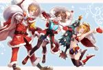 1boy blonde_hair breasts brown_hair christmas commentary_request eyes_closed final_fantasy final_fantasy_x gloves green_eyes midriff multiple_girls navel open_mouth rikku sasanomesi short_hair swimsuit thighhighs tidus yuna 