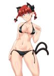  1girl animal_ear_fluff animal_ears bangs bare_arms bare_legs bare_shoulders bikini black_bikini black_bow blunt_bangs bow braid breasts cat_ears cat_tail cleavage closed_mouth collarbone commentary_request constricted_pupils contrapposto cowboy_shot extra_ears eyebrows_visible_through_hair gluteal_fold hair_bow halter_top halterneck hand_up head_tilt highres kaenbyou_rin looking_at_viewer medium_breasts multiple_tails navel nekomata ootsuki_wataru paw_pose pointy_ears red_eyes red_hair short_hair side-tie_bikini smile solo standing stomach swimsuit tail thick_eyebrows thighs touhou transparent_background twin_braids twintails two_tails 