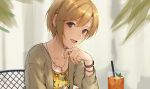  1girl aiba_yumi blonde_hair blurry blush bracelet brown_eyes chair chin_rest collarbone cup depth_of_field drinking_glass drinking_straw earrings fingernails floral_print flower flower_earrings flower_necklace glass green_jacket hand_up head_on_hand head_tilt highres ice ice_cube idolmaster idolmaster_cinderella_girls jacket jewelry juice kouzuki_kei leaf long_sleeves looking_at_viewer nail_polish necklace open_mouth orange_juice shiny shiny_hair shirt short_hair sidelocks sitting smile solo yellow_flower yellow_nails yellow_shirt 