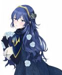  blue_armor blue_eyes blue_flower blue_hair blue_rose blush cape closed_mouth commentary_request fingerless_gloves fire_emblem fire_emblem:_kakusei fire_emblem_heroes flower from_side gloves hair_between_eyes hair_flower hair_ornament highres long_hair looking_to_the_side lucina nintendo pink_lips rose shoulder_armor souta_61 super_smash_bros. super_smash_bros._ultimate tiara wrist_cuffs 