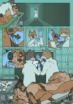 animal_genitalia anthro balls balto_(film) black_nose brown_fur canid canine canis clothed clothing comic detailed_background doctor domestic_dog eyewear face_mask feral fur glasses gloves group kaltag_(balto) lying male mammal medical musorok restraints sheath 