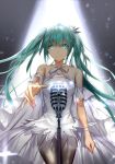  1girl cowboy_shot ddaomphyo dress green_eyes green_hair hatsune_miku highres long_hair looking_at_viewer microphone microphone_stand outstretched_arm pantyhose smile solo twintails very_long_hair vocaloid white_dress 