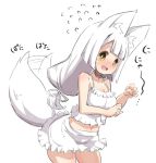  1girl :d afterimage animal_ears bangs bare_arms bare_shoulders blush breasts camisole cleavage commentary_request eyebrows_visible_through_hair flying_sweatdrops fox_ears fox_girl fox_tail frilled_skirt frills hair_ribbon long_hair looking_at_viewer low-tied_long_hair medium_breasts midriff navel nose_blush open_mouth original ribbon sharp_teeth short_eyebrows simple_background skirt smile solo tail tail_raised tail_wagging teeth thick_eyebrows translation_request u-non_(annon&#039;an) very_long_hair white_background white_camisole white_hair white_ribbon white_skirt yellow_eyes 
