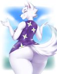  2019 5_fingers animal_crossing anthro big_breasts big_butt black_nose blue_eyes breasts butt canid canine canis clothed clothing dress female fur hair looking_at_viewer looking_back mammal mleonheart nintendo no_underwear rear_view short_hair smile solo standing thick_thighs video_games white_fur white_hair whitney_(animal_crossing) wolf 
