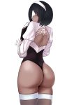  1girl absurdres alternate_color alternate_hair_color ass back back_cutout bangs black_hair cropped_legs dark_skin feather-trimmed_sleeves hairband highleg highres huge_ass leotard looking_at_viewer looking_back nier_(series) nier_automata parted_lips player_2 puffy_sleeves solo soul_calibur soulcalibur_vi the_only_shoe thick_thighs thighhighs thighs thong_leotard very_dark_skin wedgie yorha_no._2_type_b 