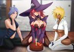  3girls abs amenoosa arrancar bare_shoulders birthday_cake black_gloves black_sclera blazblue blazblue:_central_fiction bleach blonde_hair blue_hair breasts cake cape cleavage commission crossover dark_skin espada facial_mark flower food gloves green_eyes hair_flower hair_ornament hair_over_one_eye hat highres konan konoe_a_mercury large_breasts lip_piercing long_hair looking_at_viewer multiple_girls naruto naruto_(series) naruto_shippuuden navel orange_eyes piercing pink_hair revealing_clothes short_hair sitting smile tagme thighhighs tier_harribel underboob witch_hat 