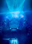  absurdres bioluminescence bubbles dinosaur glowing glowing_eyes godzilla godzilla_(2019) godzilla_(series) highres kaijuu legendary_pictures military military_vehicle monsterverse no_humans ocean official_art sea sea_monster spikes submarine toho_(film_company) underwater watercraft 
