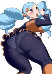  1girl ace_trainer_(pokemon) ass blue_eyes blue_hair breasts creatures_(company) eyebrows game_freak highres huge_ass lo long_hair matching_hair/eyes nintendo open_mouth panties pantyhose pokemon shirt simple_background skirt so thick_thighs thighs twintails underwear white_background 