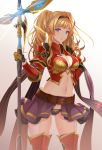  1girl armor bangs belt black_hairband blonde_hair blue_eyes braid breasts buckle cleavage cleavage_cutout commentary_request cowboy_shot crown_braid gauntlets granblue_fantasy grin groin hair_between_eyes hair_ornament hairband highres holding holding_weapon koyaya large_breasts long_hair navel open_clothes open_skirt panties pauldrons pleated_skirt purple_skirt sidelocks skirt smile solo stomach thighhighs twintails underwear weapon zeta_(granblue_fantasy) 