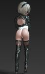  1girl 3d black_clothes boots from_behind grey_hair high_heels latex leotard nier_(series) solo standing tagme thighhighs thighs thong yorha_type_a_no._2 
