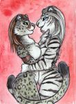  anthro armband blue_eyes breasts brown_fur brown_hair cheek_tuft chest_tuft duo elbow_tufts eye_contact felid female fur green_eyes hair hug long_hair male mammal nude open_mouth open_smile pantherine portrait red_background shiverz side_boob simple_background smile snow_leopard spots spotted_fur striped_fur stripes three-quarter_portrait tiger tuft white_fur white_hair 