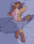  2018 anthro bed bed_sheet bedding bulge fur hair humanoid_penis hyaenid karhyena lying male mammal muscular nipples nude open_mouth penis pillow rick_griffin signature simple_background sleeping smile solo spotted_hyena 