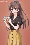  1girl alternate_costume anti_(untea9) black_shirt box brown_background brown_hair commentary_request food gradient gradient_background green_eyes hair_ornament high_ponytail highres kantai_collection kumano_(kantai_collection) long_hair looking_at_viewer open_mouth polka_dot polka_dot_shirt ponytail shirt skirt smile solo sushi twitter_username yellow_skirt 