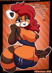 ailurid anthro balls breasts clothing dialogue dickgirl hair intersex mammal nipples penis piercing pkfirefawx red_hair red_panda ringtail solo thick_thighs 