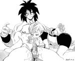 1boy 1girl abs absurdres broly cheelai clothed_female_nude_male cum cum_on_body dragon_ball dragon_ball_super_broly drooling facial fellatio gloves greyscale highres md5_mismatch monochrome muscle nude oral scar short_hair white_hair 
