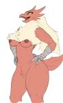  2018 anthro avian blaziken breasts danonymous feathers female hands_on_hips nintendo nipples open_mouth pok&eacute;mon pok&eacute;mon_(species) simple_background smile solo tongue video_games 