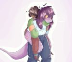  ambiguous_gender anthro blush brown_hair carrying clothed clothing deltarune duo female fishmum freckles fully_clothed hair human kris_(deltarune) larger_female long_tail male mammal pink_hair purple_skin scalie size_difference susie_(deltarune) sweat video_games 