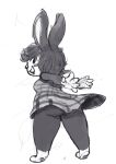  2019 5_fingers animal_crossing anthro blush breasts buckteeth bunihud butt carmen_(animal_crossing) clothed clothing clothing_lift dress dress_lift female fur greyscale hair lagomorph long_ears looking_at_viewer looking_back mammal monochrome nintendo no_iris no_underwear open_mouth partially_clothed pawpads rabbit rear_view short_dress smile solo standing teeth video_games wind 