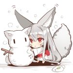  1girl :&lt; absurdly_long_hair animal_ear_fluff animal_ears bangs barefoot blush chibi eyebrows_visible_through_hair fox_ears fox_girl fox_tail grey_hair hair_between_eyes japanese_clothes kimono long_hair long_sleeves obi original parted_lips red_eyes sash snow snow_bunny snowing snowman solo tail tail_raised triangle_mouth very_long_hair white_kimono wide_sleeves yuuji_(yukimimi) ||_|| 