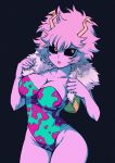  1girl ashido_mina black_sclera boku_no_hero_academia breasts cleavage cropped_jacket fur_trim hair_between_eyes highres horns instagram_username leotard looking_at_viewer open_mouth pink_hair pink_skin sherumaru_(korcht06) short_hair signature simple_background solo twitter_username 